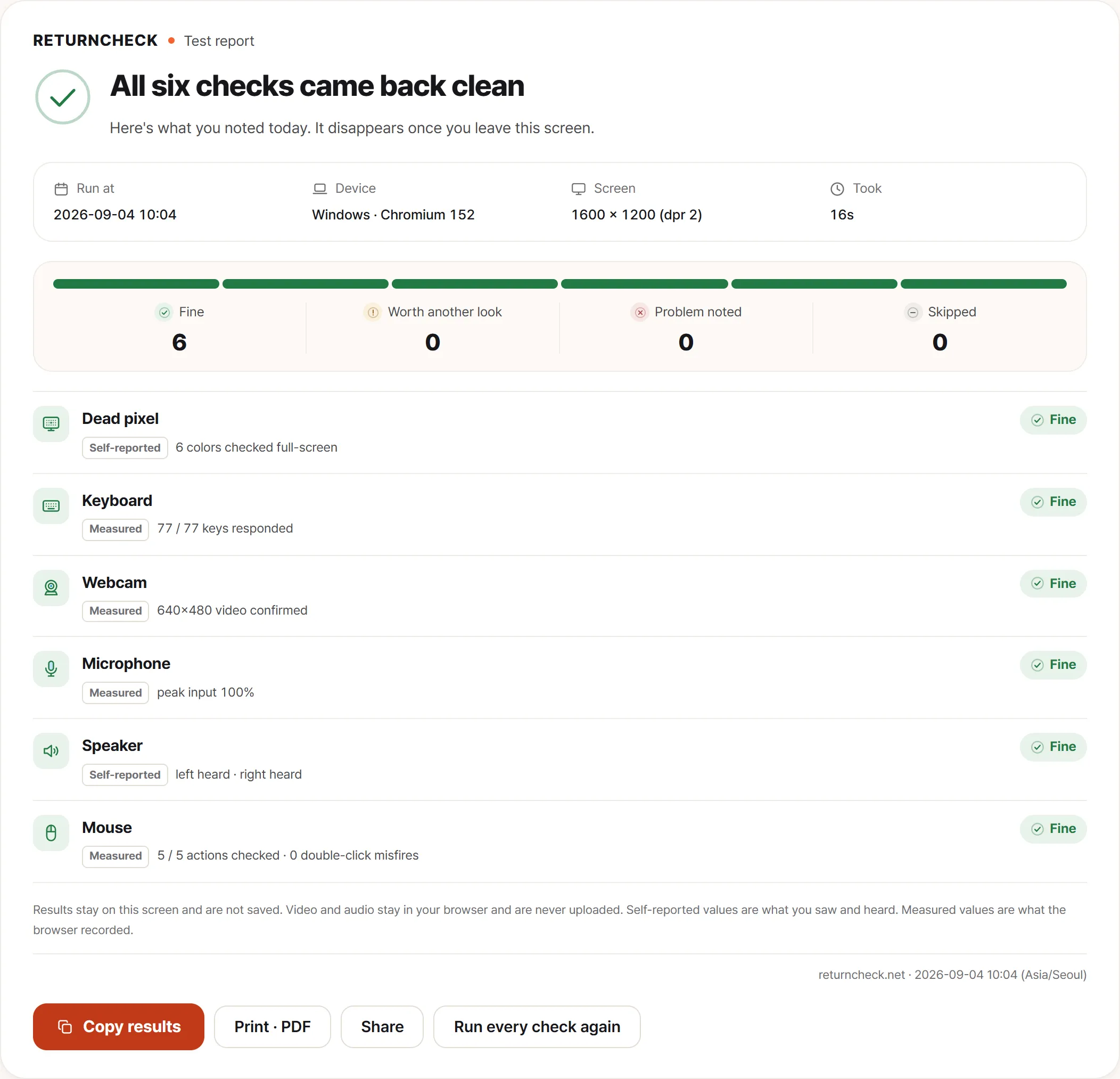 The full check summary after a completed run, with all six items marked fine and a line underneath noting that results are not stored and only appear on this screen.