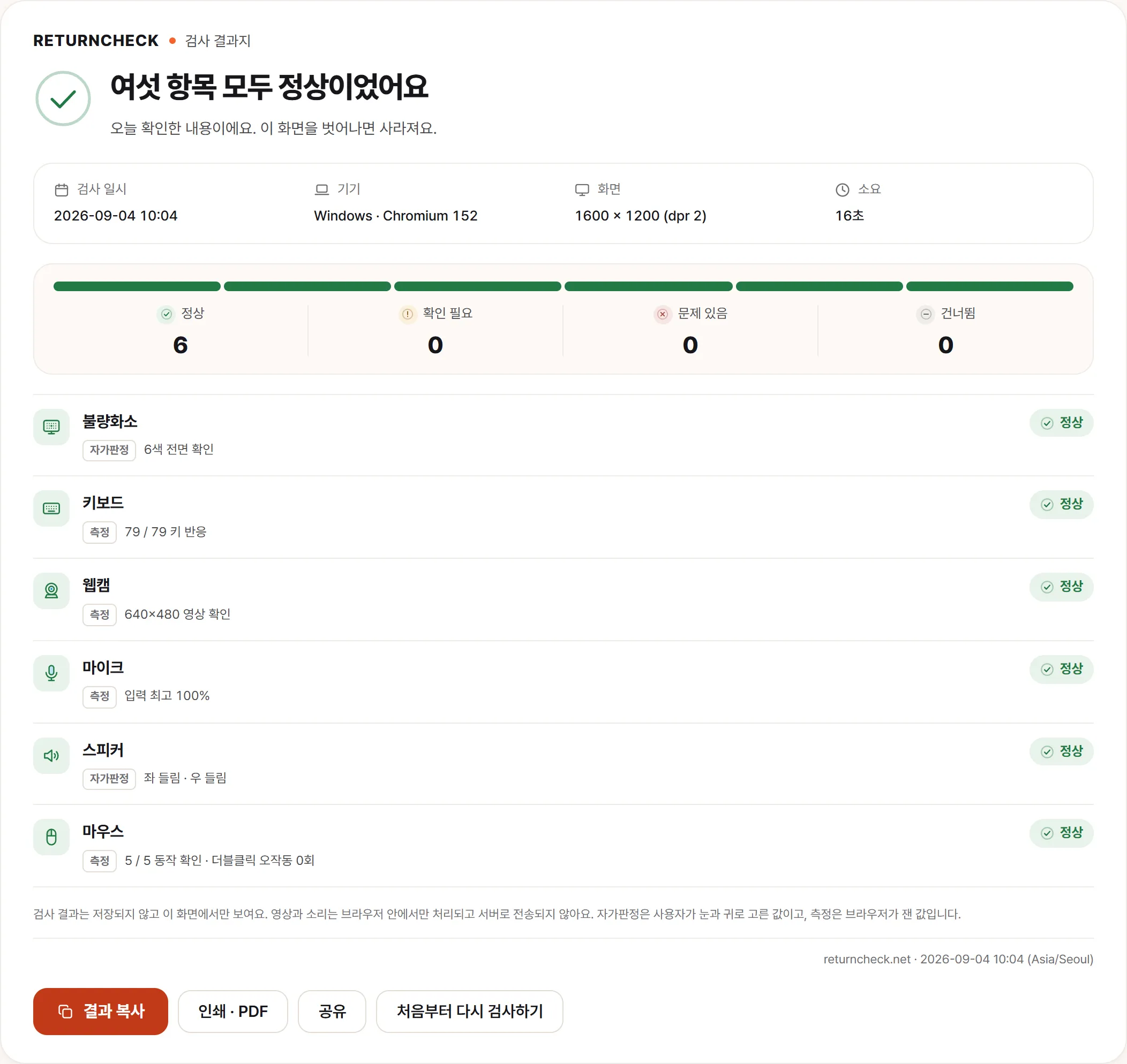 전체 검사를 끝낸 결과 화면. 여섯 항목이 정상으로 표시돼 있고 아래에 “검사 결과는 저장되지 않고 이 화면에서만 보여요”라는 안내가 있다.