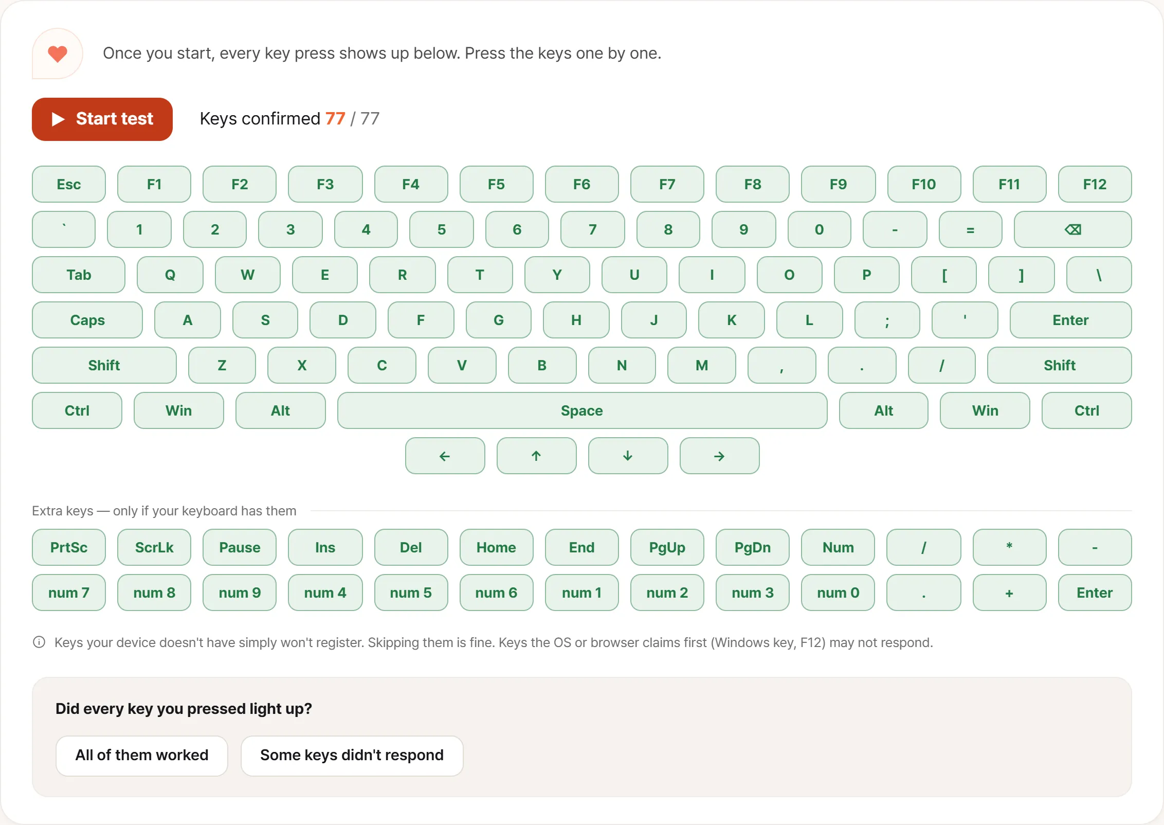 Keyboard test screen after a completed run. Every key on the layout and both extended rows are filled green, and the counter reads 77 of 77 keys checked.