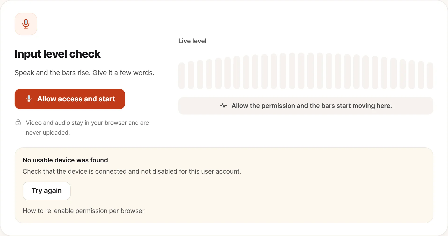 The microphone test when no device could be reached, showing “No usable device was found”, a retry button, and the per-browser permission notes below it.