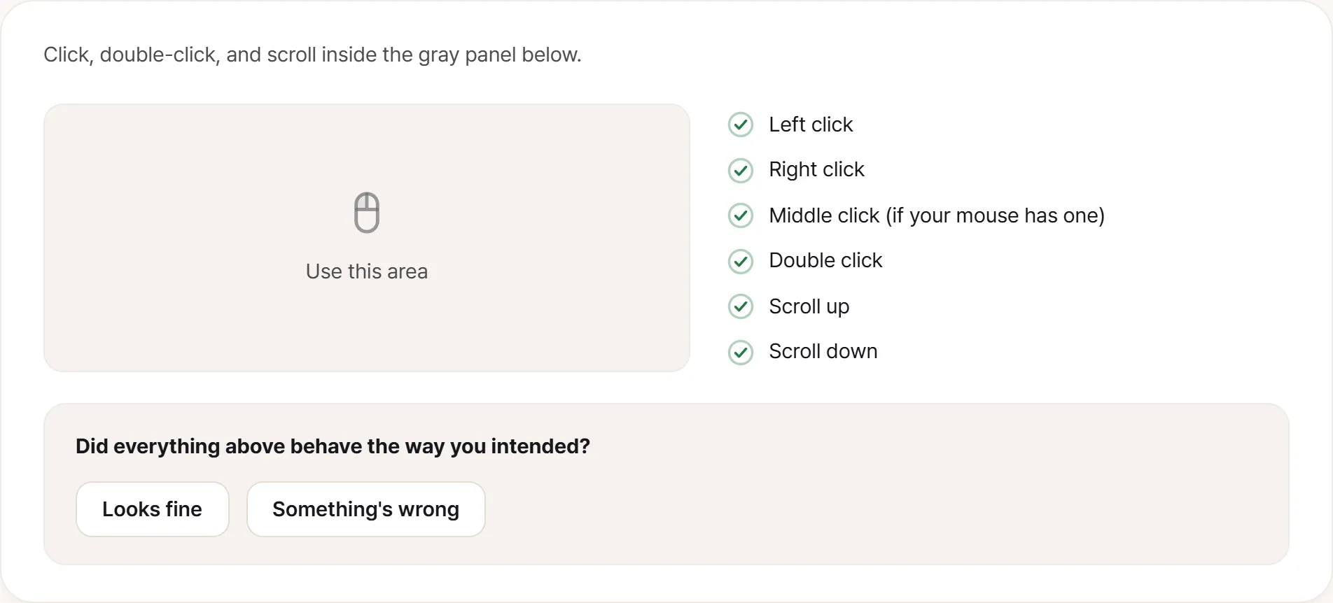 Mouse test screen. All six checks — left, right and wheel click, double click, wheel up and wheel down — are ticked, with no warning shown.