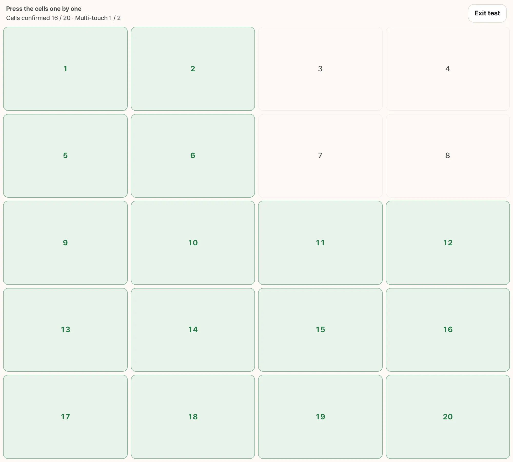 Touch test screen. Cells 3, 4, 7 and 8 in the top-right corner are the only ones left unfilled, and the counter reads 16 of 20 regions checked.