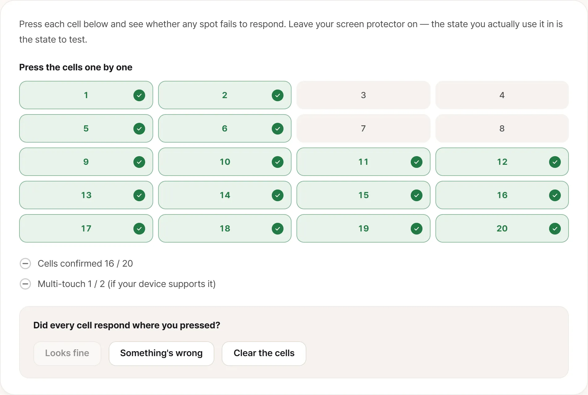 Touch test screen. Cells 3, 4, 7 and 8 in the top-right corner are the only ones left unfilled, and the counter reads 16 of 20 regions checked.