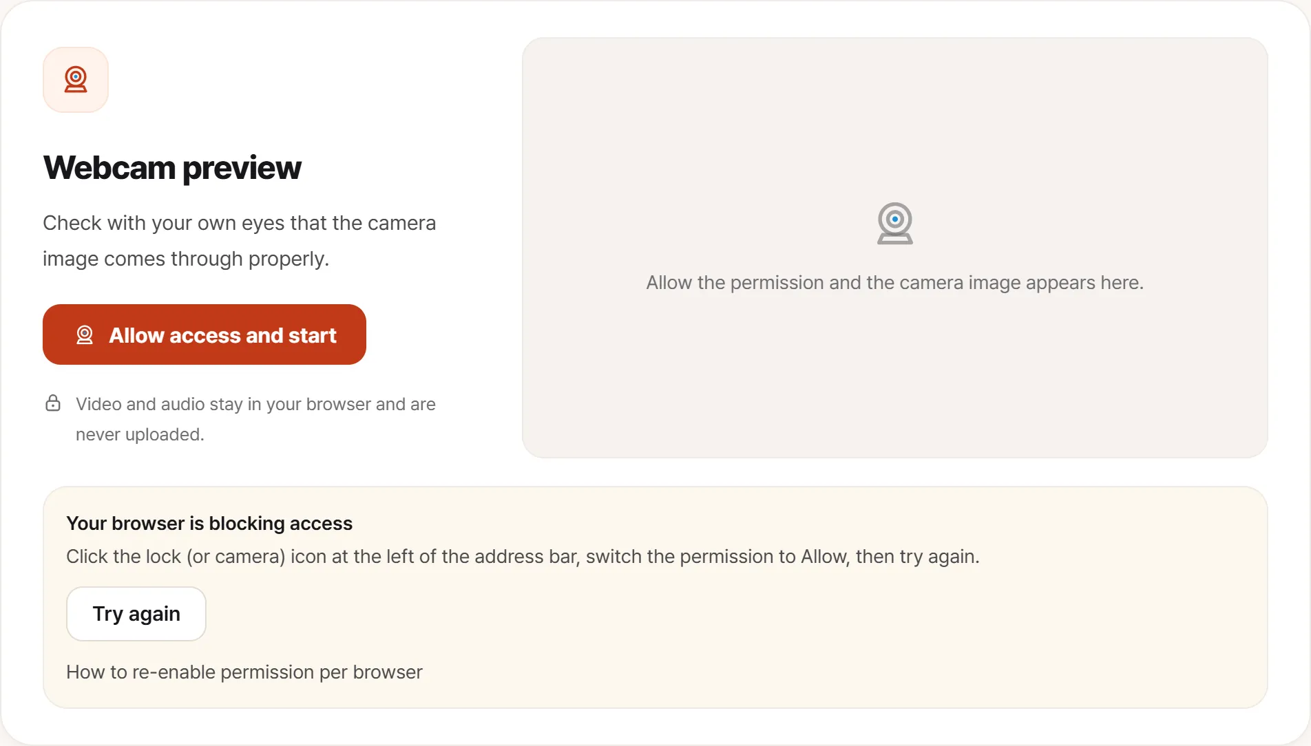 The webcam test when the camera can’t be reached. A panel below reads “Your browser is blocking access — open the padlock (or camera) icon at the left of the address bar, switch the permission to allow, and try again”, with a retry button.